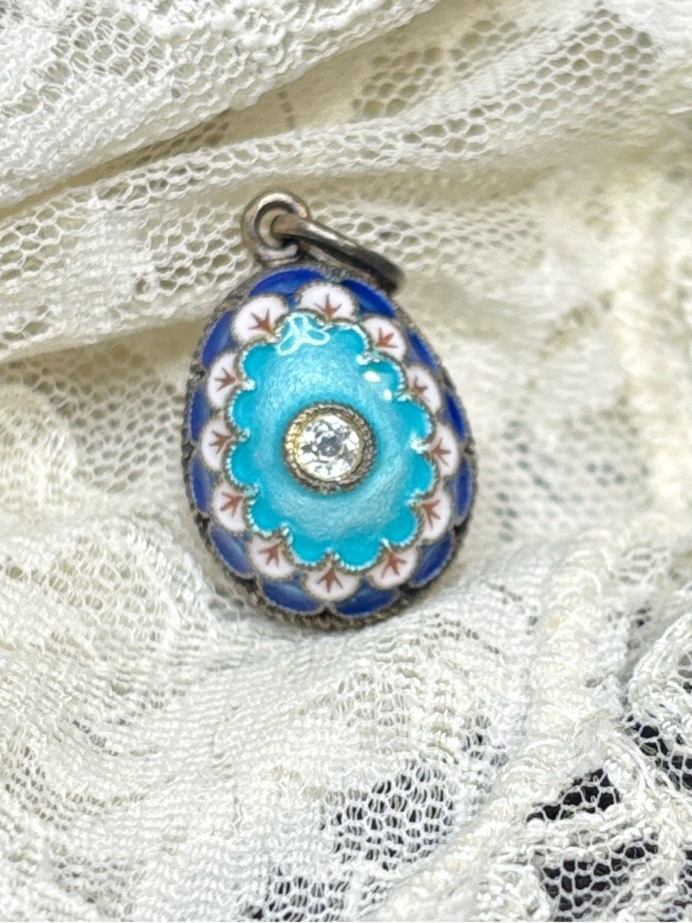 Blue Enamel 925 Silver Drop Pendant - Vintage-Style Russian Imperial Egg